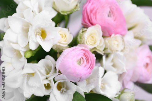 Beautiful bouquet with white freesia flowers, closeup