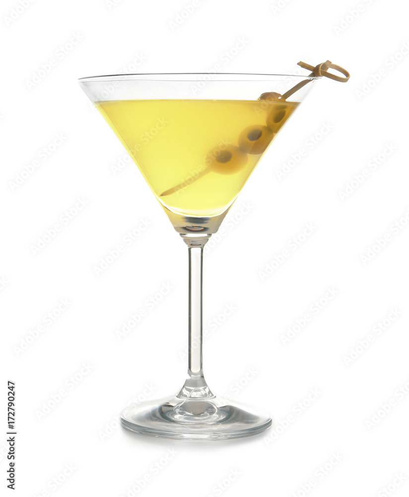 Glass of lemon drop martini with olives on white background