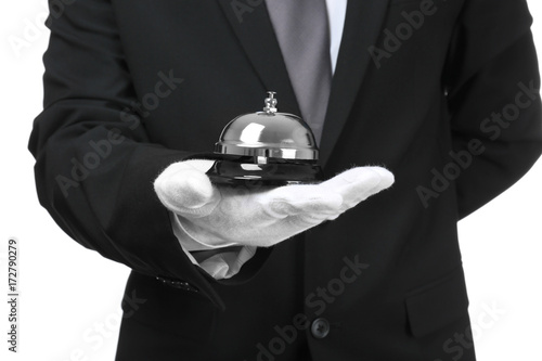 Man holding bell on white background, closeup