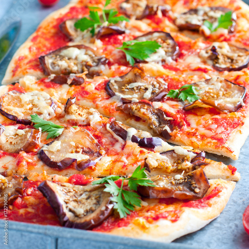 Vegetarian pizza with aubergines, square