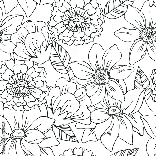 Floral seamless pattern with graphic black and white flowers. For textile  book covers  manufacturing  fabric  cloth design  wallpapers  print