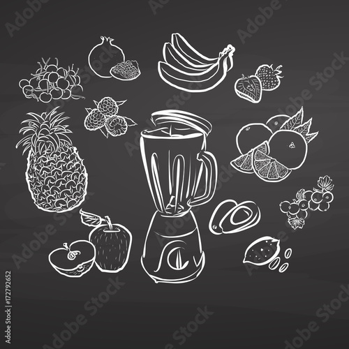 Hand-drawn juicy fruits on chalkboard