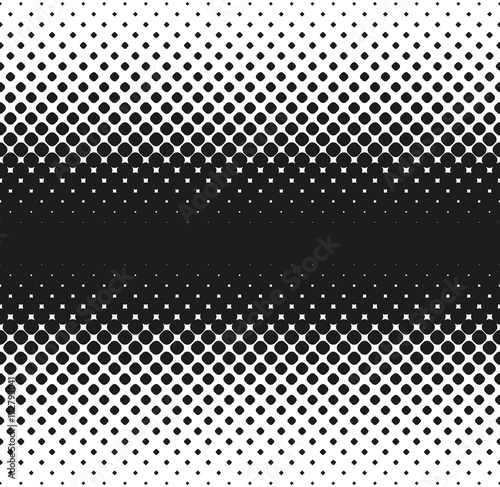 Horizontal seamless Halftone of big rounded squares decreases to edge, on white background. Contrasty halftone background. Vector