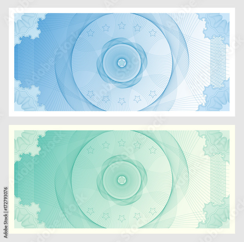 Voucher, Gift certificate, Coupon, ticket template. Guilloche pattern (watermark, spirograph). Background for banknote, money design, currency, bank note, check (cheque), ticket