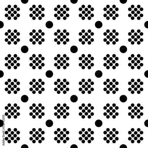 Abstract seamless pattern from grid of circles different sizes. Simple black and white geometric texture for fabric or clothing. Vector