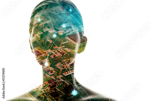 AI(Artificial Intelligence) concept. Woman silhouette and electric circuit.