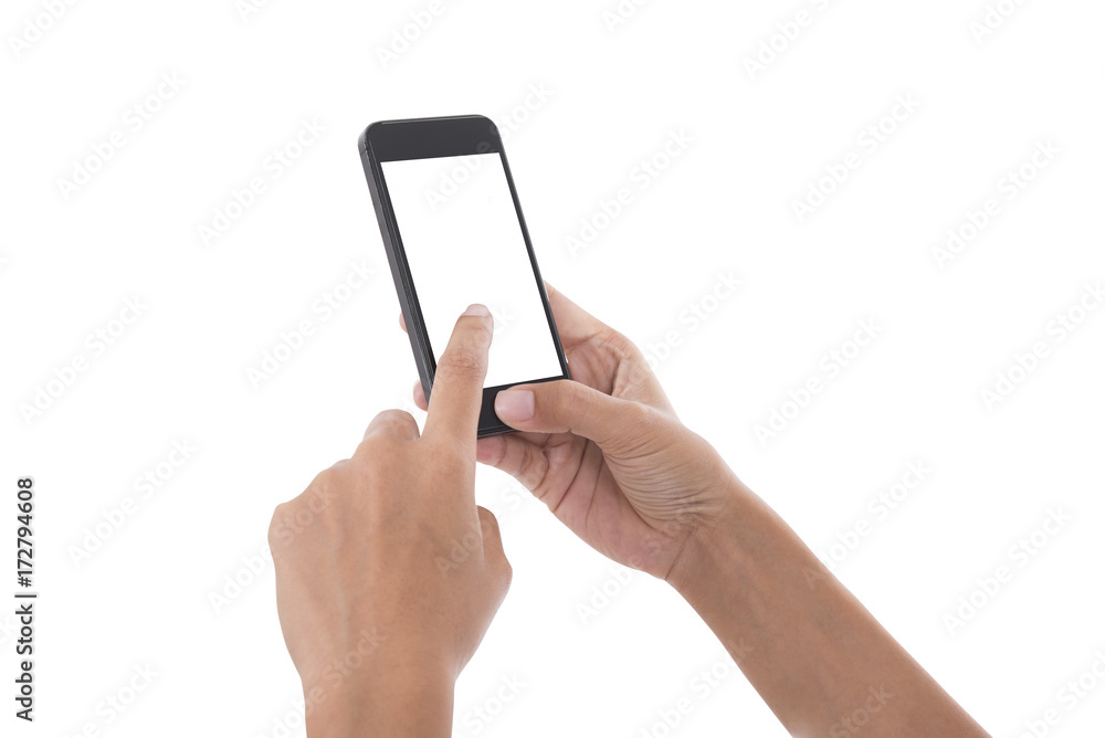 hand holding smart phone screen isolated on white background. hand holding smart phone screen isolated on white background.