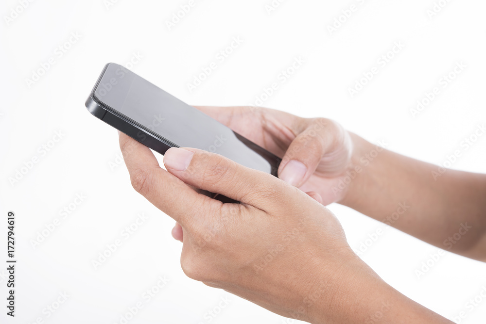 hand holding smart phone isolated on white background. hand holding smart phone isolated on white background.
