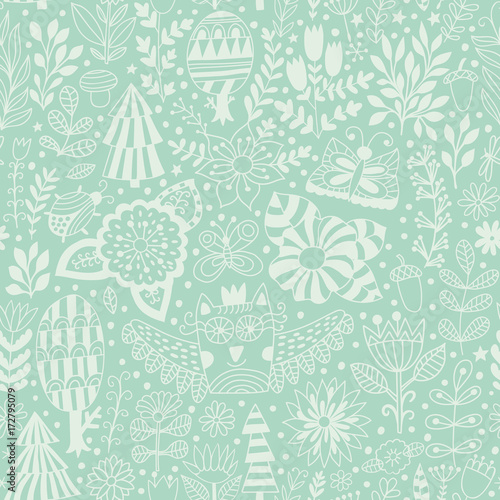 Vector floral seamless pattern with forest, owl, trees. 