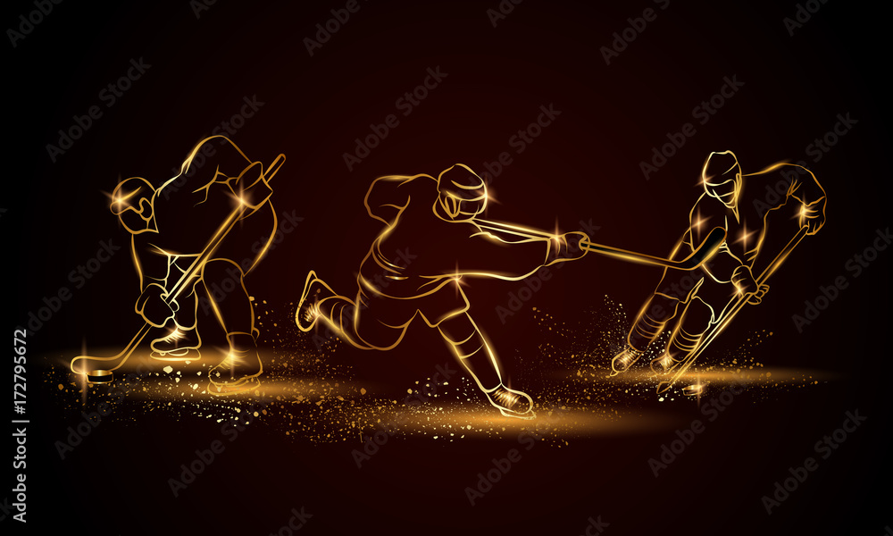 Naklejka premium Hockey players set. Golden linear hockey player illustration for sport banner, background and flyer.
