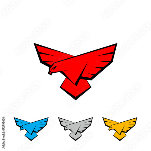 Falcon logo set. A bird with large wings is landing. Flat vector logo template with a bird of prey, falcon or eagle.