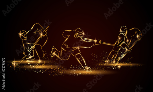 Hockey players set. Golden linear hockey player illustration for sport banner, background and flyer.