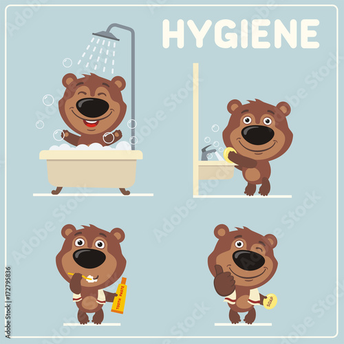 Set of funny bear is hygiene: showering, washing hands, brushing her teeth. Collection isolated of teddy bear in cartoon style for rules of child hygiene