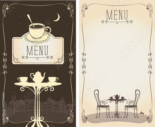 Vector menu for a cafe or restaurant with place for text and image of the table with a kettle and cups on the background of the night old european cityscape, moon and cat
