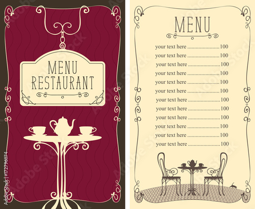 Vector menu for restaurant or cafe with a price list and image of a table with a kettle and cups in the curlicue frame in style art Deco.
