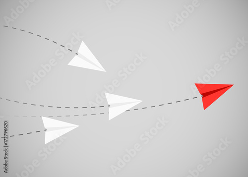 Minimalist stile red paper airplane show direction for white ones. Leader, boss, manager, winner concept.