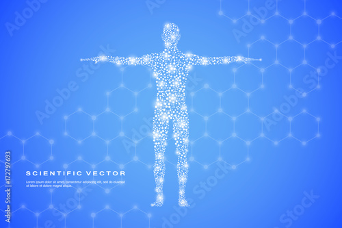Abstract human body with molecules DNA. Medicine, science and technology concept. Vector illustration.