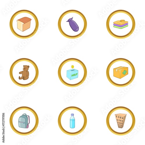 Refugees icons set, cartoon style