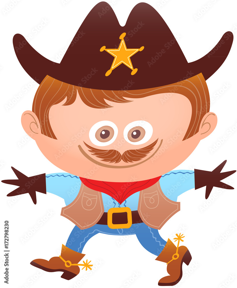 Obraz premium Little boy proudly smiling and posing while wearing a cowboy costume. The costume has a big sheriff hat with a shiny star, a red bandana, mustache, gloves, vest, belt and strong boots