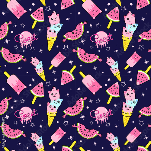 Cute kids pattern for girls and boys. Colorful ice cream on the abstract grunge background create a fun cartoon drawing. The background is made in neon colors. Urban backdrop for textile and fabric.