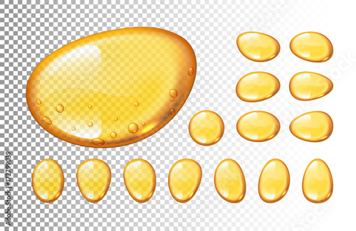 Set of vector honey drops on transparent background