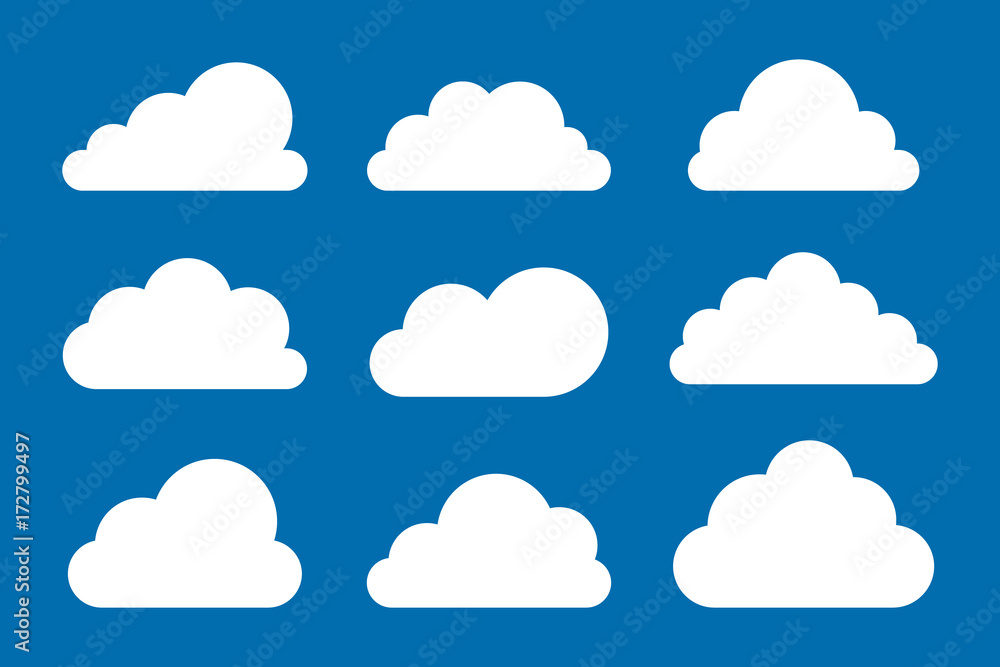 Set of white clouds collection vector icons isolated on blue background Set of white clouds collection vector icons isolated on blue background