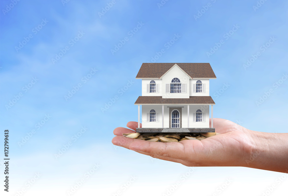 salesman person giving to buyer customer,house in hand salesman person giving to buyer customer,house in hand