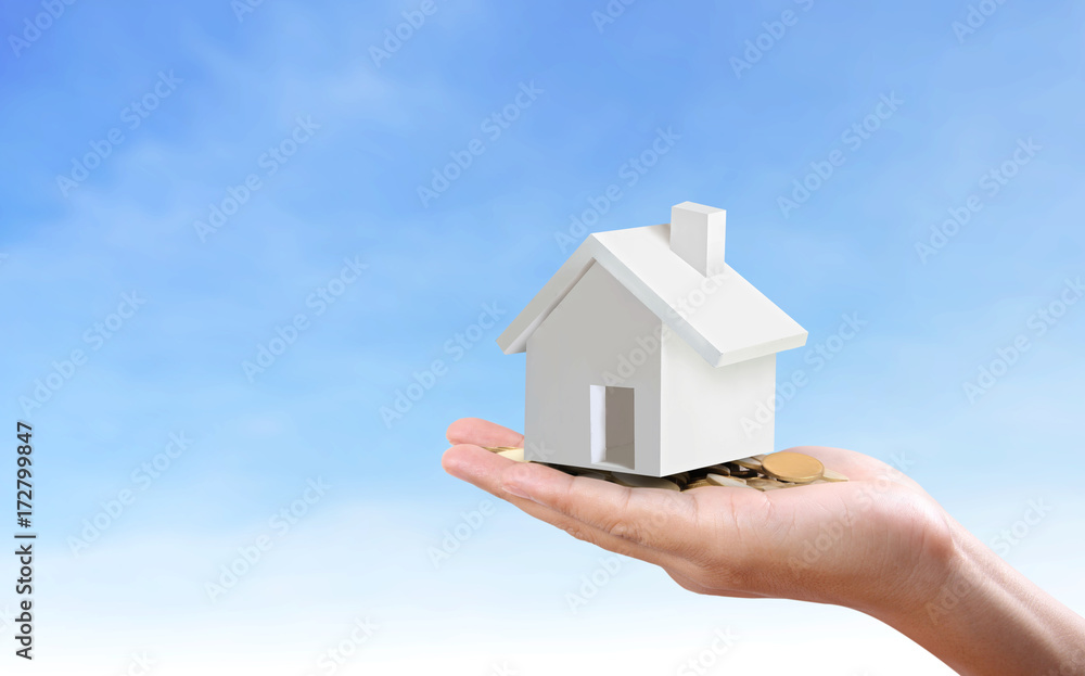 salesman person giving to buyer customer,house in hand salesman person giving to buyer customer,house in hand