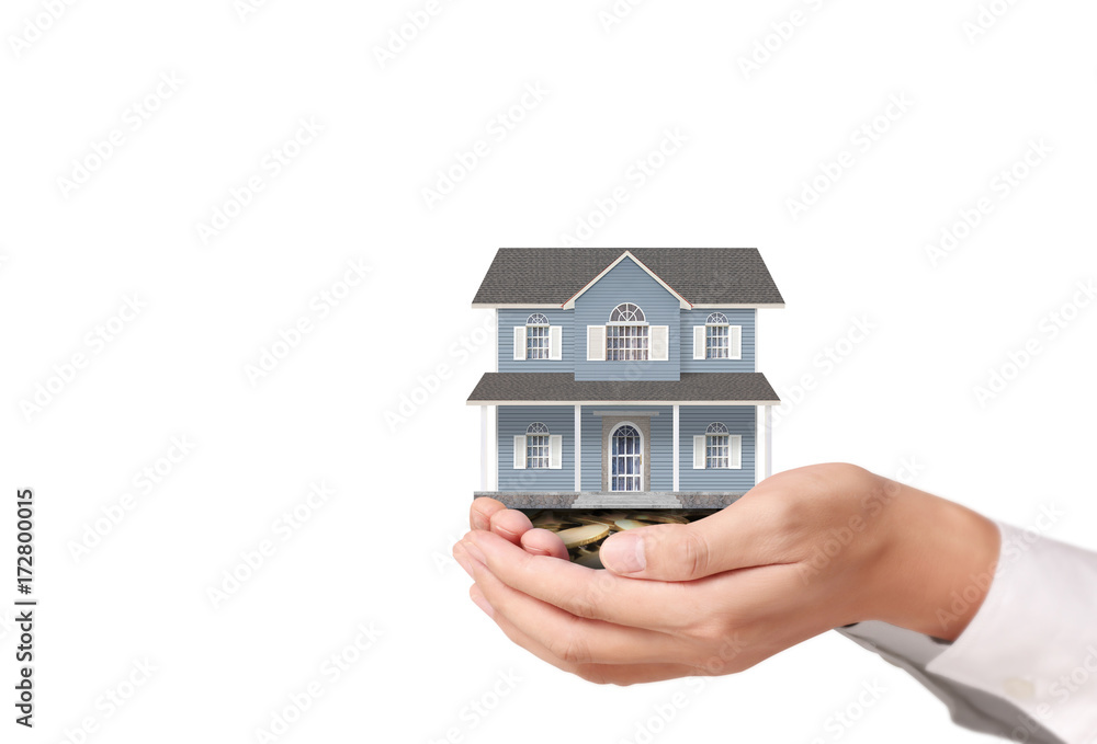 salesman person giving to buyer customer,house in hand salesman person giving to buyer customer,house in hand