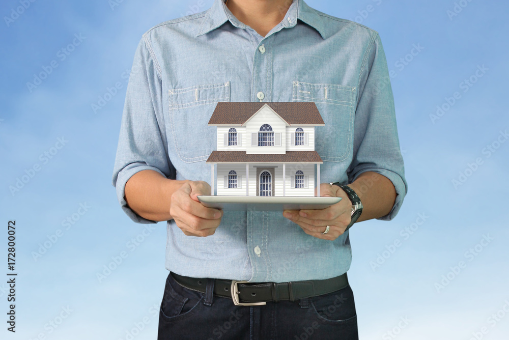 salesman person giving to buyer customer,house in hand salesman person giving to buyer customer,house in hand