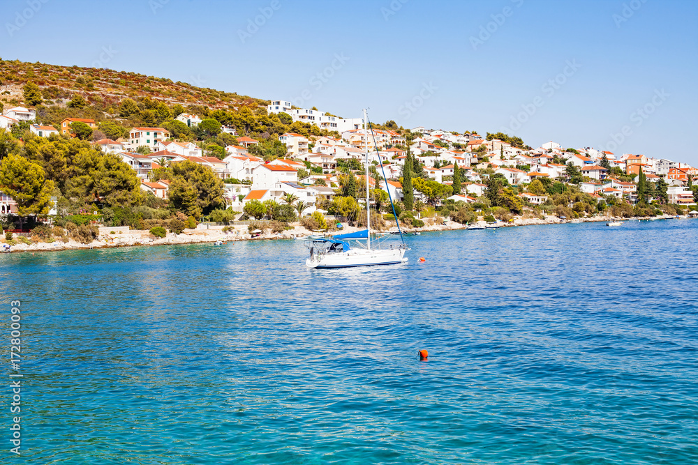Obraz premium White yacht on the adriatic sea, Trogir, Croatia