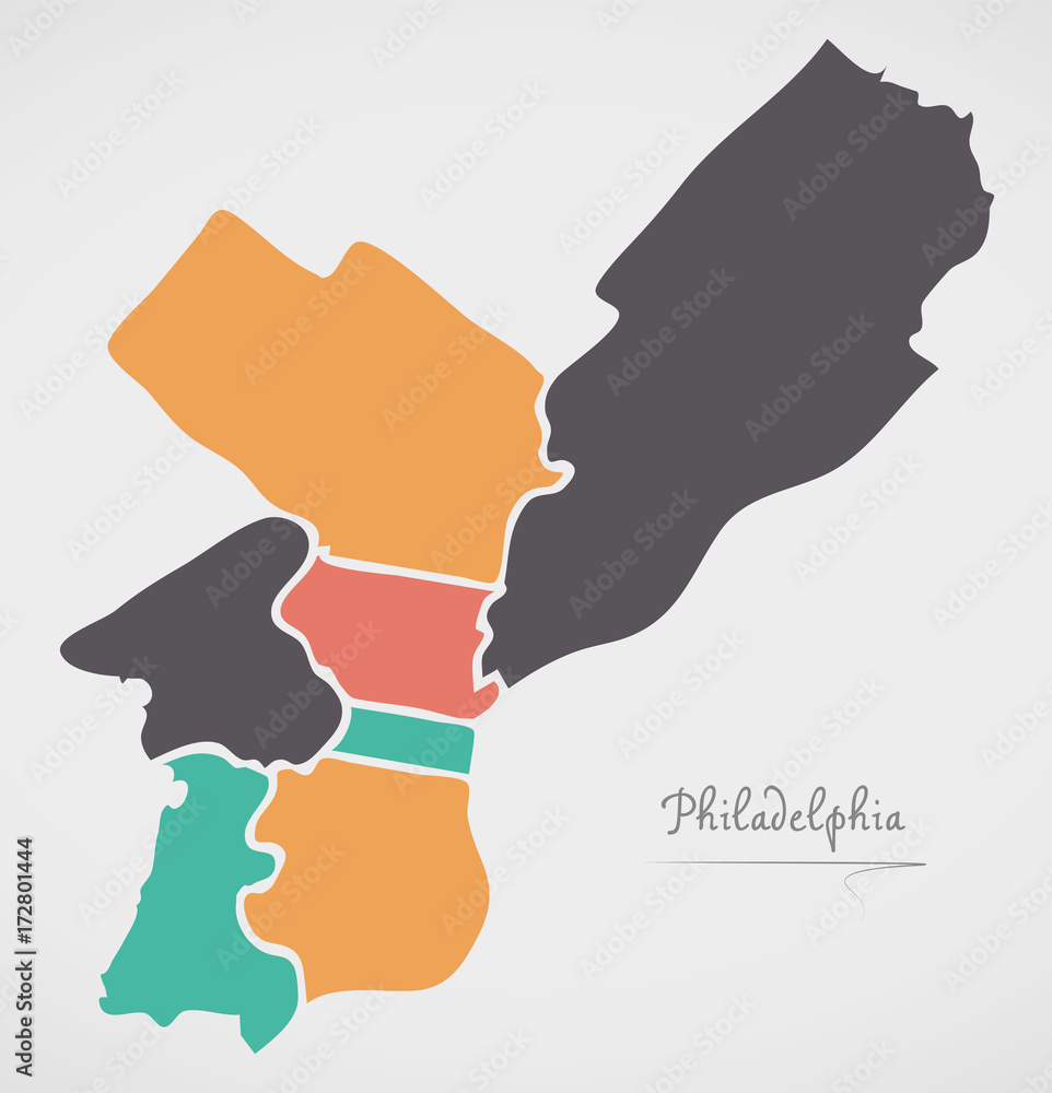 Philadelphia Map with boroughs and modern round shapes Stock Vector