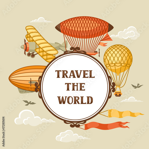 Travel background with retro air transport. Vintage aerostat airship, blimp and plain in cloudy sky