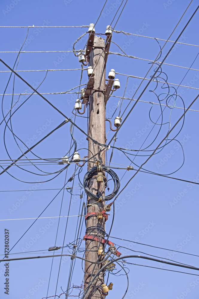 Power line electrical wire pillar with street felinar lights Power line electrical wire pillar with street felinar lights