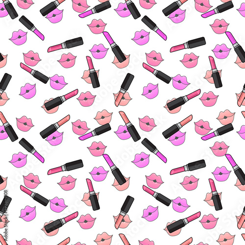 Female lips. Mouth with a kiss, pomade, lipstick. Vector comic seamless pattern in pop art retro style. Abstract seamless pattern for girls, boys, clothes. Childish print.