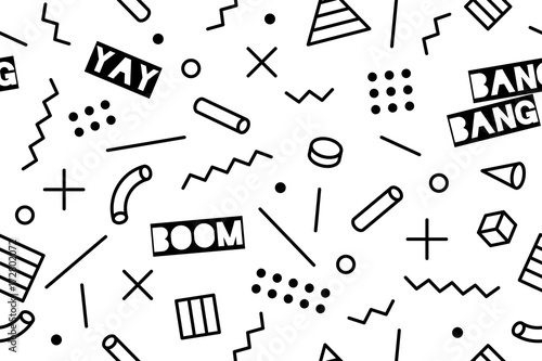 Seamless graphic memphis pattern 80s-90s trendy styles on black background. Colorful pattern with different shapes objects. Design for wrapping paper, fabric background, wallpaper. Vector illustration