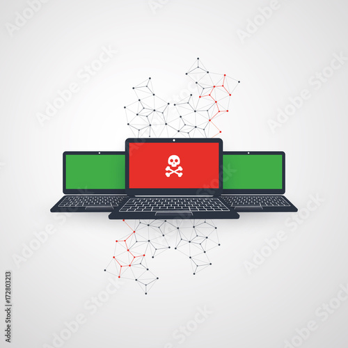 Network Vulnerability, Protection System - Virus, Malware, Ransomware, Fraud, Spam, Phishing, Email Scam, Hacker Attack - IT Security Concept Design, Vector illustration