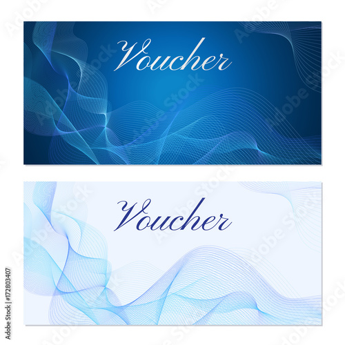 Voucher, Gift certificate, Coupon template. Guilloche pattern (watermark, blue lines). Background for banknote, money design, currency, bank note, check (cheque), ticket