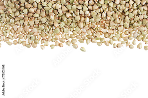 Decorative frame of green buckwheat isolated on white background. Top view, closeup. photo