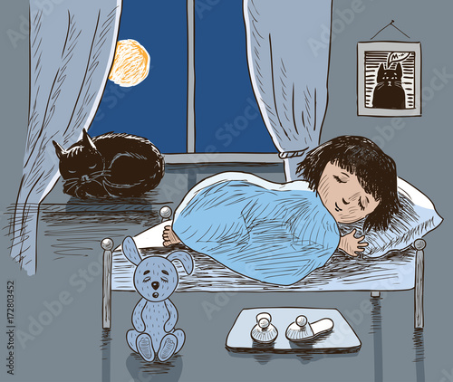 A little girl and her cat are sleeping