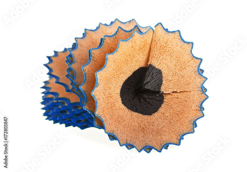 Blue pencil shavings isolated on a white background