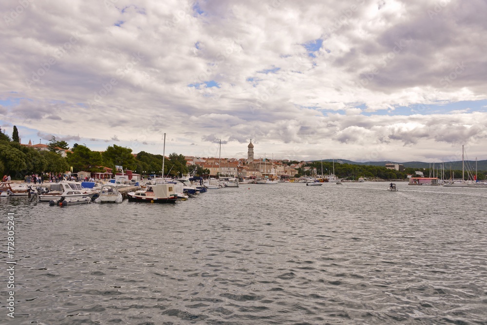 This is a view of marina in Krk city, Croatia. September 5, 2017. Krk, Croatia.