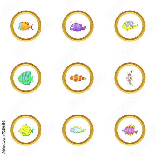 Tropical fish icons set, cartoon style