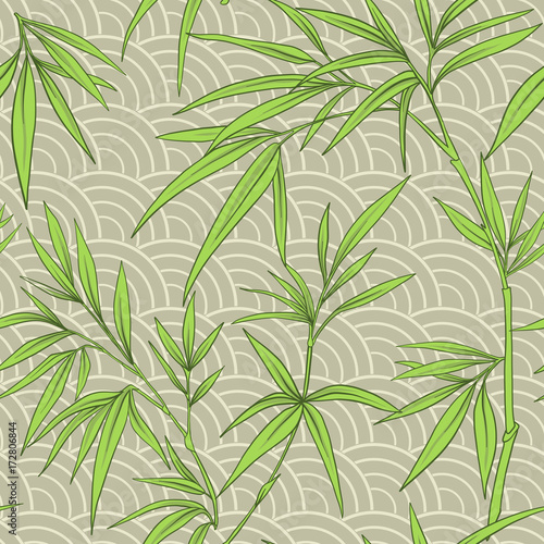 Seamless pattern with bamboo leaves and branches in Japanese sty