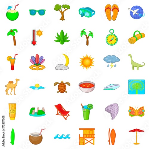 Paradise icons set, cartoon style