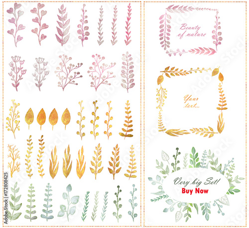 Big set with beautiful pearl watercolor flowers, twigs, leaves, frames isolated on white background