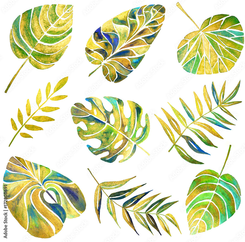 Fototapeta premium Set with different pearl tropical leaves on white background. Watercolor painting