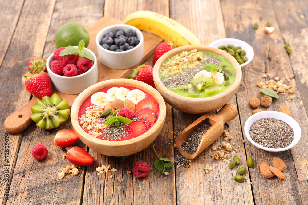 assorted smoothie bowl with muesli and berries assorted smoothie bowl with muesli and berries