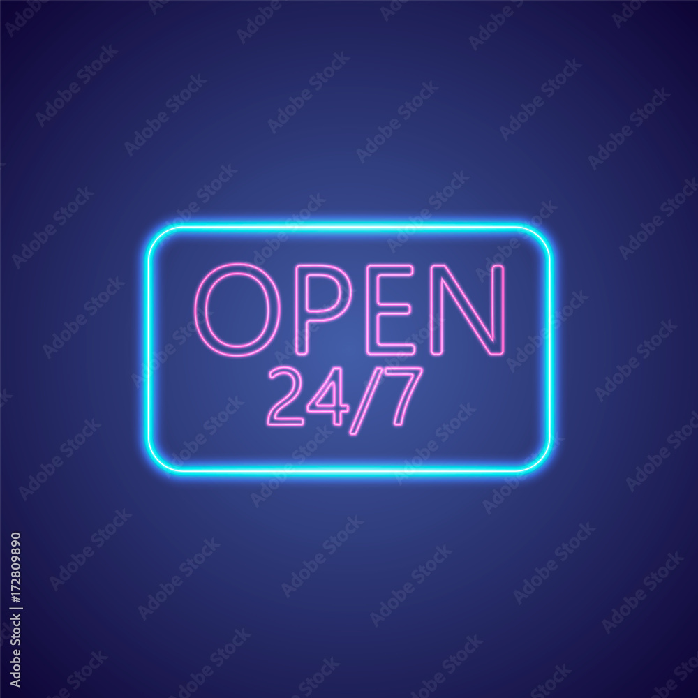 Open 24-7 Hours Neon Light . 24 Hours Night Club - Bar Neon Sign. Vector Illustration.