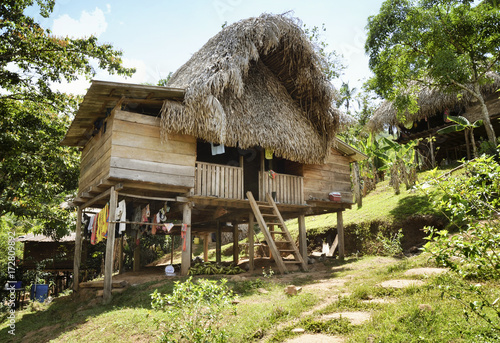 Thatched hut - Native indian home at the Embera Indian village, Embera Drua, Chagres River, Panama photo